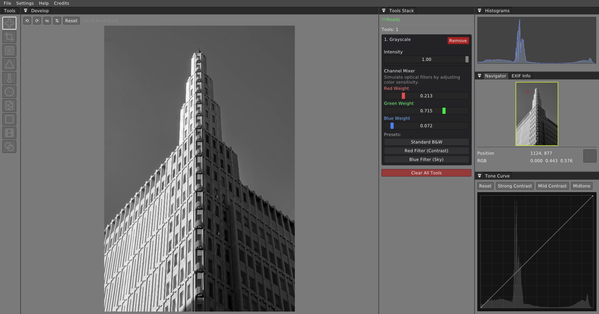 Wena grayscale filter with channel mixer and tone curve