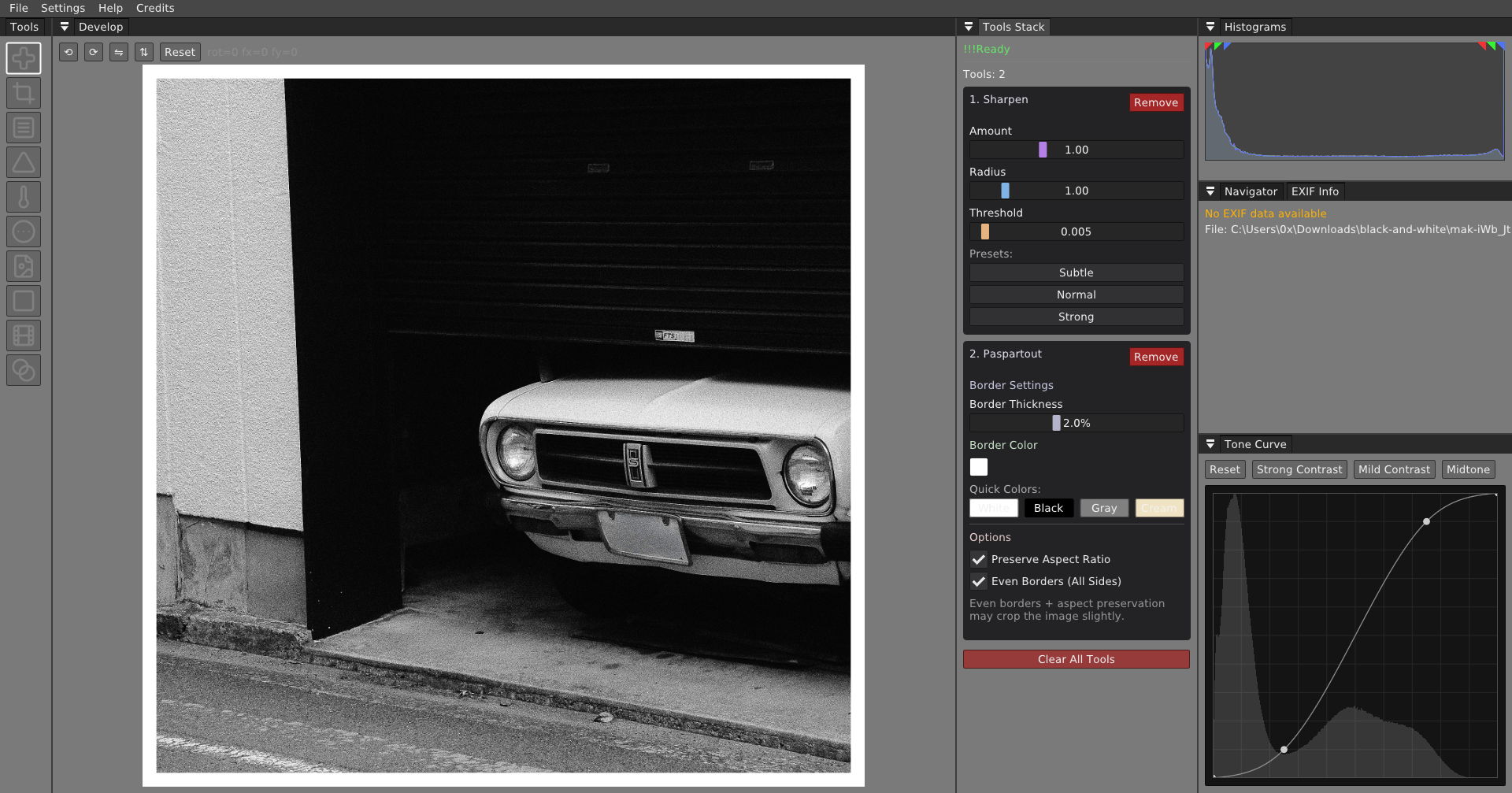 Wena editing workspace with sharpening, tone curve, and passepartout tools